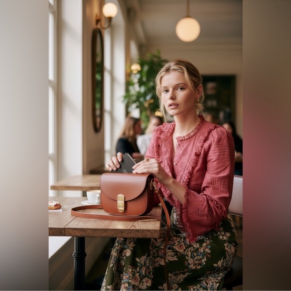 Sezane NELE SHIRT in Rosewood Women's Ruffled Lace Blouse - Picture 14 of 14